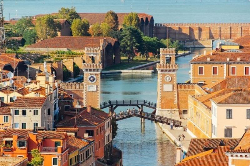 River with old buildings either side and two bridges crossing it